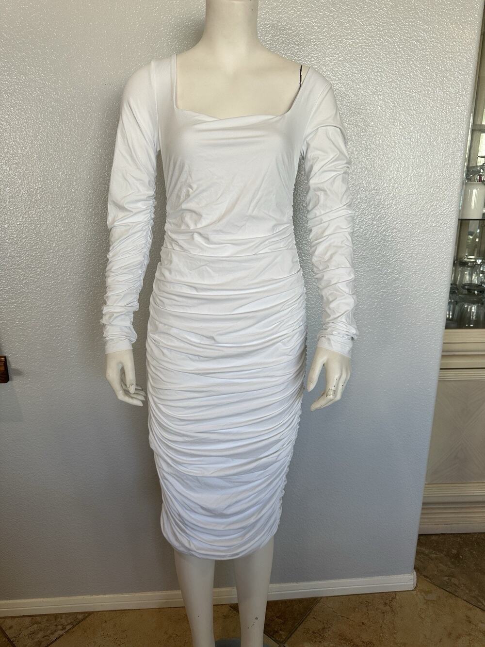 Women Ruched Midi Dress Fashion Long Sleeve Square Neck Stretch Size M